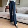 Not Transparent White Pants For Women High Waist Zipper Pocket Big Large Size Long Wide Leg Navy Blue Trousers 210915