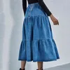 Moda de mujer Cintura Algodón Gran Swing Denim Falda suelta Mujer Otoño Invierno Largo Denim Casual Vintage S Mujeres 210508