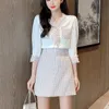 Autumn Elegant Sweet 2 Piece Set Chiffon Patchwork Shirt Blouse Tops & Mini Skirt Women Two Outfits Student Suits 210514