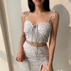 Summer Girl Female Beach Lace Up Vintage Sexy Shoulder Strap Tank Tops+sexy Womens Mini Split Skirt Set TR5K 210603