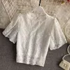 Sommar French Retro Blus Kvinna Puff Sleeve Lace Hollow Crochet Blusa Små Standup Krage Mode Shirt C846 210506