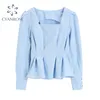 Camicetta stile coreano Donna BlueWhite Camicia a maniche lunghe con collo quadrato a maniche lunghe Lanterna femminile a vita alta Slim Elegant Tops da ufficio 210417