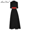 Summer Fashion Runway Designer Dress Women V Neck Half sleeve Belted High waist Slim Balck Midi Vestidos 210524