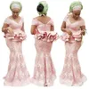 Aso Ebi 2022 Mermaid Prom Dresses V Neck Light Różowy Off Ramię Pepelum Ruffles Koronki Długie Formalne Suknie Wieczorowe Południowej Afryki Kobiety Celebrity Party Dress