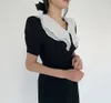 Organza revers robe d'été femme OL élégant Vintage à manches courtes mince bureau noir fête es Vestidos 210421
