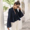 Deep V Neck Lace Up Pelpum Crop Top Blouse Women Flare Sleeve Office Ladies Blouse Shirts Höst Vinter Toppar 210415