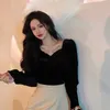 Temperament V Neck Puff Långärmad Vit Velvet Blus Kvinnor Mode Retro Korea Chic Slim Svart Kedja Toppar Blusas Mujer Shirts 210610