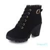 Frauen Mode High Heel Lace Up Stiefeletten Damen Schnalle Plattform Künstliche Leder Schuhe Bota Feminina 35-41