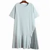 [EAM] Women Irregular Spliced Pearl Pleated Chiffon Dress Round Neck Short Sleeve Loose Fit Fashion Spring Summer 1DD8191 21512