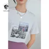 Fansilanen Office Lady100 % 코튼 반팔 티셔츠 화이트 여성 여름 느슨한 편지 인쇄 캐주얼 라운드 넥 톱 210607