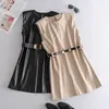 Fashion Solid Pu Leather Dress O Neck Sleeveless Chic Bandage Hollow Out Beige And Black Color Mini es 210515