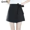 Qooth Bahar Sumemr Etek Kadın Kısa Skort Yüksek Bel Katı Tiki Tarzı A-Line Etek Genç Kız Boyutu 2XL Mini Etek QH983 210518