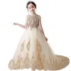 2021 Blush Blush Gold Flower Girls Robes Long Manches pour les mariages Appliques en dentelle Robe Ball Birday Girl Girl Communion Pageant Gowns 0510
