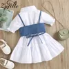 Zafille Stylowa Dziewczyna Party Dress Solid Girl Drelich Koszulki Lace Up Top and Girl White Dress Toddler Dzieci Odzież dziecięca Q0716