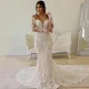 Scoop Neck Lace Mermaid Wedding Dresses Long Sleeves Appliqued Sweep Train Backless Plus Size Bridal Gowns