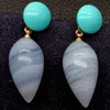 YYGEM Natural Teardrop Blue Lace Agate Chalcedony Coin Turquoise Stud Earrings Office style for women