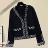 Black Cardigan Woman Autumn Beaded V-neck Knitted Coat Women's Style Loose Outer Cropped Cardigans Female 210428