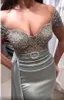 Aso Ebi 2021 Arabo Plus Size Grigio Sirena Abiti da sera sexy In rilievo di pizzo Raso Prom Festa formale Abiti di secondo ricevimento ZJ507