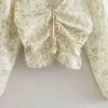 Summer Women Flower Printing V Neck Drawstring Short Blouse Female Long Sleeve Shirt Casual Lady Crop Tops Blusas S8709 210430