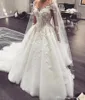 Новые элегантные кружевные свадебные платья трапециевидной формы с прозрачными длинными рукавами и тюлевой аппликацией с 3D цветочным принтом из бисера и скользящим шлейфом Свадебные платья2329