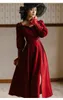 victorian square collar long sleeve elegant red autumn winter velvet midi dress for women ruched strawstring 210421