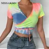 Missakso Summer Women Crop Top Slim Lace Up Streetwear с коротким рукавом Lady Top V шеи праздник сексуальный галстук-краситель рубашка 210625