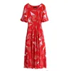 summer The Temperament printing Chiffon Dress V Neck Women's fashion red women clothing 210507