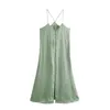 Green Camisole Midi Satin Dress Kobiety Eleganckie V Neck Backless Sexy Slip Party Es Kobieta Długi Lato 210519