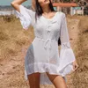 Knitting White Crochet Tunic Beach Wear Saida De Flare Sleeve Bikini Cover-Up Long Dress Hollow Out Cover Ups Sarongs