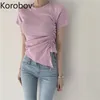 Korobov Koreański Sweet Draw String Slim Kobiety Koszulki Nowa Moda O Neck Krótki Rękaw Kobiet T Shirt Vintage Tee Topy 210430