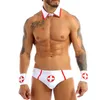 Mens Lingerie Doctor Enfermeira Sexy Cosplay Role Play trajes Outfit Set Fantasia Clubwear Jockstraps Briefs com colarinho e manguito 210616