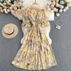 Bohemian Floral Print Frauen Chiffon Kleid Sexy Slash Neck Kurze Flare Hülse A-Line Off Schulter Schlank Vestidos Weibliche 2021 Neue y0603