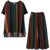 Bomull Vintage Summer Casual 2 Två Piece Set Loose Tee T-shirt Kvinnor T-shirt Dam T-shirt Toppar Wide Ben Pants 210720