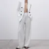 ZA Mulheres Moda Branco Dupla Breasted Blazers Casaco Vintage Stripe mangas compridas Outerwear e cintura alta calças casuais conjunto 210602