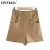 KPYTOMOA Frauen Chic Mode Mit Knöpfen Taschen Bermuda Shorts Vintage Hohe Taille Seite Zipper Weiblichen Kurzen Ropa Mujer 210719
