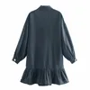 Printemps Solide Shrit Rétro Manches Longues Boutonnées Mini Robes Bleu Marine Tempérament À Volants Mode Lâche Robes Mujer 210521