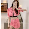 Elegant Women 2 Piece Set Korean Lady Pink Plaid Denim Sexy Short Jacket + High Waist Mini Skirt Fashion Suit 210519