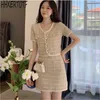 Summer Tweed Skirt Suit Fashion Elegant Women Sexy Short Sleeve Single-Breasted Tops + Mini Set 2 Piece sets 210531