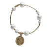 Personlighet Elastie Rope Hip Hop Vintage Gold Coin Charm Armband Imitation Pearl Trendy Jewelry for Women Girl Bangle