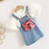 Zomer Meisjes Pak Strik Denim Band Jurk Baby Mode Pof Mouw Shirt Zoete Set Kinder Peuter Kleding Meisjes Jurken