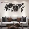 DIY sans poinçon carte du monde acrylique noir grande horloge murale autocollants de conception moderne montre silencieuse maison salon cuisine decorarion 210401