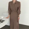 Korean Stylish Asymmetrical Pleated Long Dress Women Notched Collar Full Sleeve Dresses Office Fashion Ladies Vestidos Femme 210513