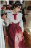 England Style 2 sztuki Zestawy Vintage Nowoczesne Stroje Kobiet Sweet Lace Bow Lantern Rękaw Koszula Topy Bandaż Stripe Long Spódnica 211106