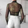 Rawpriter Sexy Transparent Mesh Dragon Bodysuit Kvinnor Sommar Turtleneck Long Thumb Sleeve Se igenom Open Crotch 210510