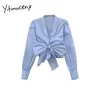 Women's Blouses & Shirts Yitimuceng Pleated Women Blue Office Lady Long Puff Sleeve Shirt Solid Bow Clothing Turn-Down Collar Elegant Fashio