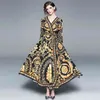 Runway Baroque Pattern Kimono Belt Sundress V cuello manga estampado floral dorado largo Maxi vestido Sexy Split Wrap vestidos 210416