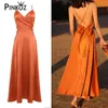 Designer stil Orange Backless Bow Slips Spaghetti Strap V-Neck Sommarlov Satin Slim A-Line Dress Party Dinner Mujer 210421