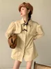 Mesh Puff Sleeve Short Trench Coat For Women Bow Designer Collar Coats And Jackets Khaki Autumn Clothing 210427