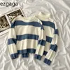 Ezgaga Stripe Sweater Femmes Automne Hiver Turtleneck Outwear Chaud Dames Pull Oversize Jumper Streetwear Fashion Tops 210430