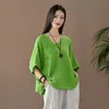 Johnature zomer retro plaat gesp V-hals korte mouw katoen linnen t-shirt losse comfortabele plus size vrouwen tops 210521